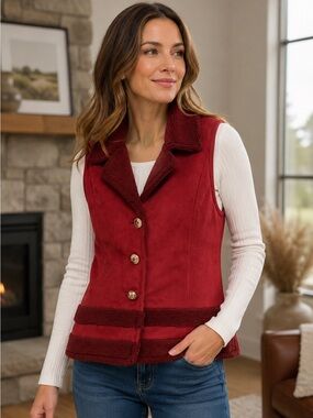 FJALL Womens Red Faux Suede Sherpa Lined Vest Jacket Size XL